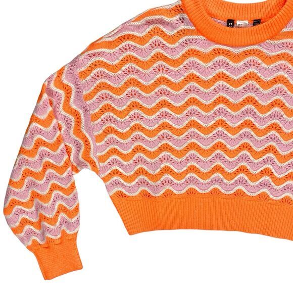 Divided H&M Crop Sweater Women S Orange Pink Chunky Knit Balloon Sleeve Oversize - Picture 4 of 16